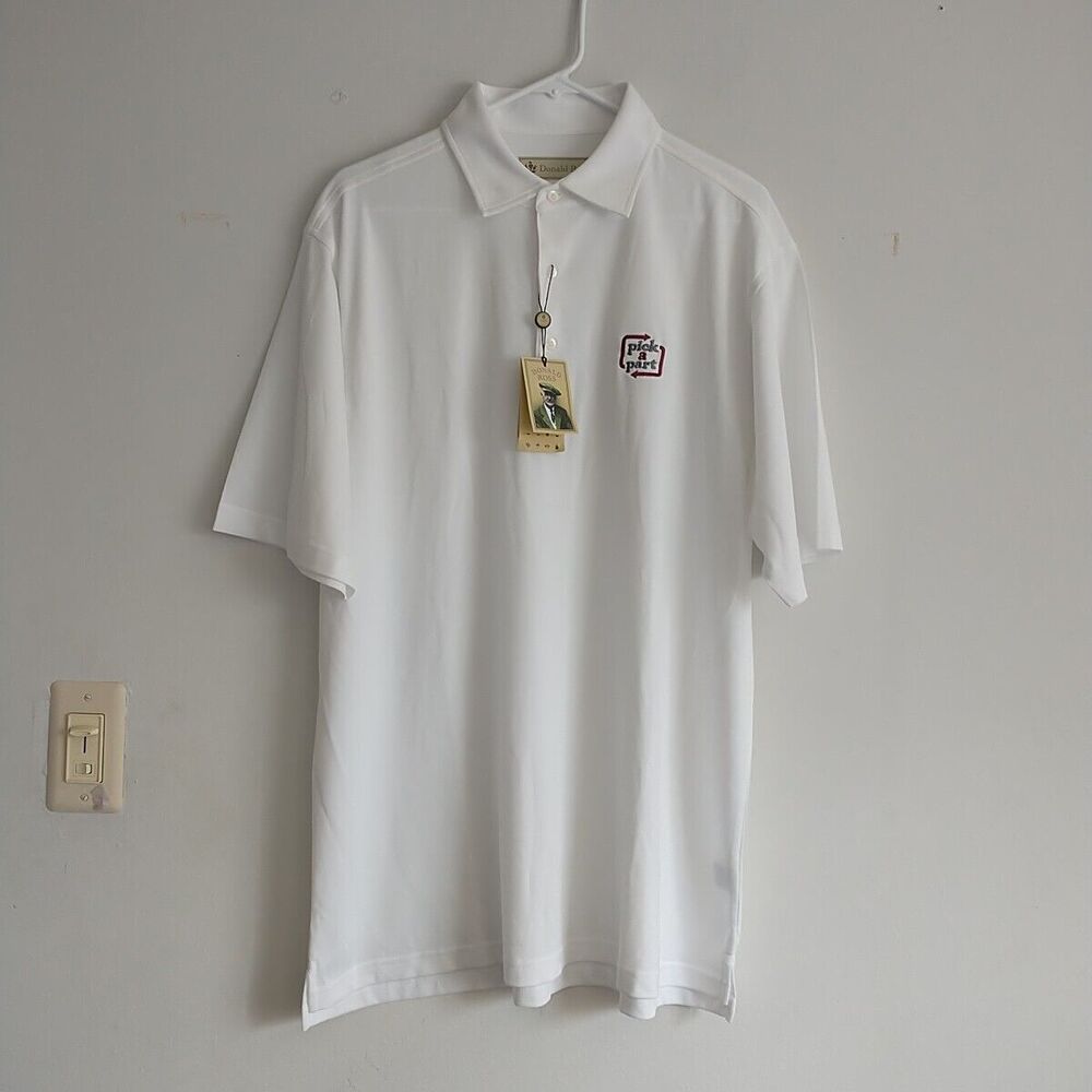 Donald Ross Golf Polo Shirt Men L White Pique Stretch Corporate Logo New